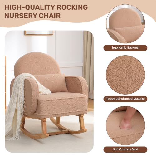 Image of HCHAIRH Rocking Nursing Chair with Ottoman, Upholstered Glider Rocker Armchair with Side Pocket and High Backrest, Comfy Reading Chair with Solid Wood Legs for Nursery, Living Room,Bedroom, Coffee