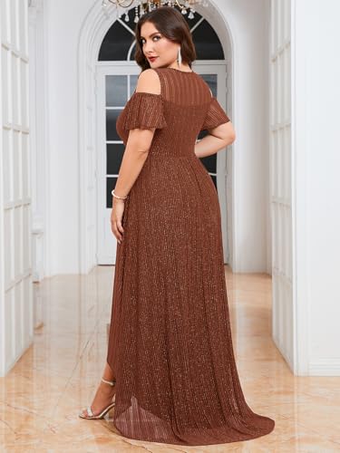 Image of ZOMVA Plus Size Sparkly Mesh Maxi Dress Cold Shoulder Ruffle Sleeve High Low A Line Dresses Wedding Guest Cocktail Party