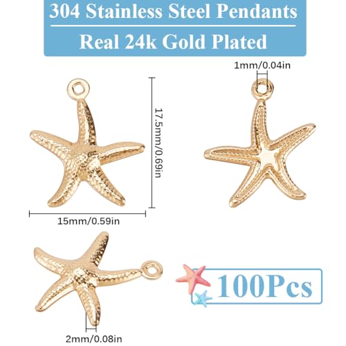 SUNNYCLUE 1 Box 100Pcs Real 24K Gold Plated Starfish Charm Bulk Sea Life Charms Stainless Steel Metal Cute Marine Animal Beach Charm for jewellery Making Charms DIY Craft Necklace Bracelet Craft Women - Image 2
