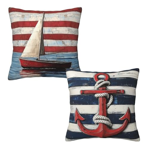 Mshutbna Striped Nautical Throw Pillow Covers 18x18 inch Set of 2 Boat Anchor Pillow Case Cushion Cover for Home Sofa Couch Living Room Car Decor