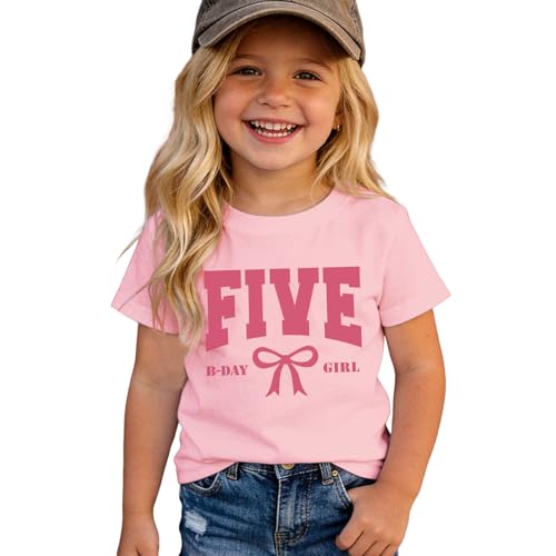MULOIUDZ Five Birthday Girl Shirts 5th Girls Birthday Outfits Kid Bow B-Day T-Shirt 5 Years Old Party Tees Gift Tops(Pink 5th)