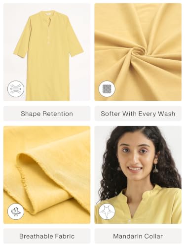Image of SAADAA Women Airy Linen Long Kurta | Mandarin Collar 3 /4th Sleeve Kurta | Regular Fit Ethnic Wear for Women | Casual, Festive & Office Wear