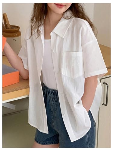 SweatyRocks Girl's Oversized Button Down Linen Shirts Short Sleeve Blouse Tops with Pocket3