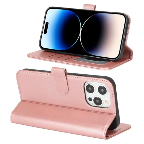 Image of for iPhone 14 Pro Case Wallet with Card Holder,for iPhone 14 Pro Wallet Case for Women Men,PU Leather Shockproof Magnetic Buckle Stand Flip Phone Case-Rose Gold