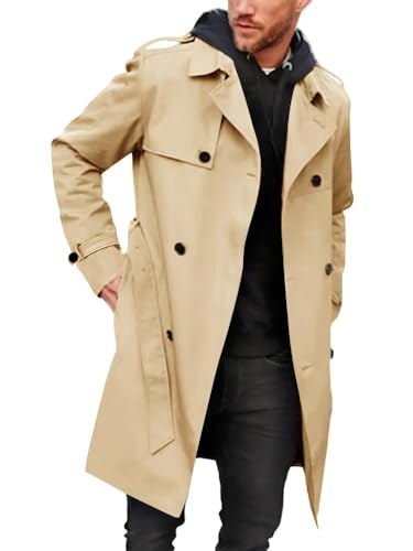 Runcati Veste pour Homme Double Boutonnage Trench Long Revers Veste d'affaires avec Ceinture, beige, XXL