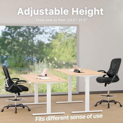 Image of HYLONE Drafting Chair Tall Office Chair High-Back Mesh Standing Desk Stool with Adjustable Footrest Ring and Flip-Up Arms Black