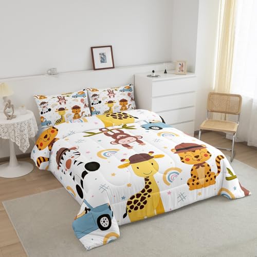 Image of Feelyou Rainbow Giraffe Comforter for Kids Full Size Tiger Monkey Comforter Set Boys Girls Cartoon Rainbow Comforter Kawaii Duvet Insert Bed Set 3Pcs