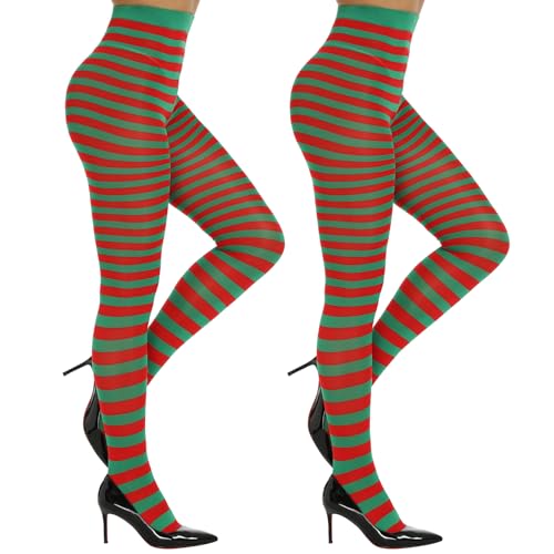 Image of MANZI Striped Tights for Women Footed Stretchy Opaque Pantyhose for Halloween Xmas 2 Pairs