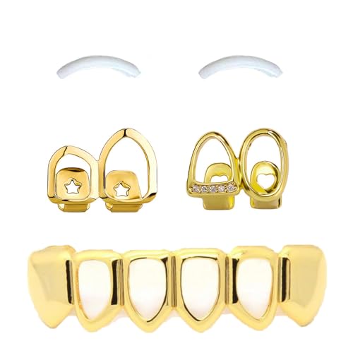 SSyang 18K Hip Hop Teeth Grills für den Mund, Zahnspange Dekoration, mit 2 Silikonformleisten, für Mouth Top Bottom,für Musikfestivalpartys,Hip-Hop-Rapper,Doppelseite Styling(Gold,4+6 Zähne)