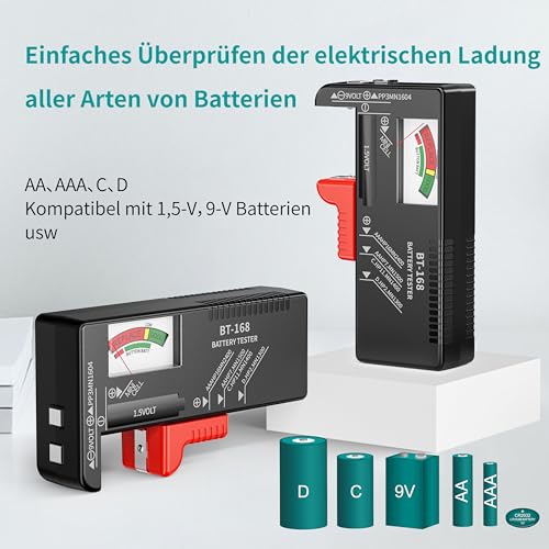 Dlyfull Batterietester – Batterie Tester für AA, AAA, C, D, 9V & 1.5V Knopfzellen – Akku Tester & Batterieprüfgerät ohne Strom – Präzises Batterie Messgerät für Haushalt & Profi (BT-168) 2