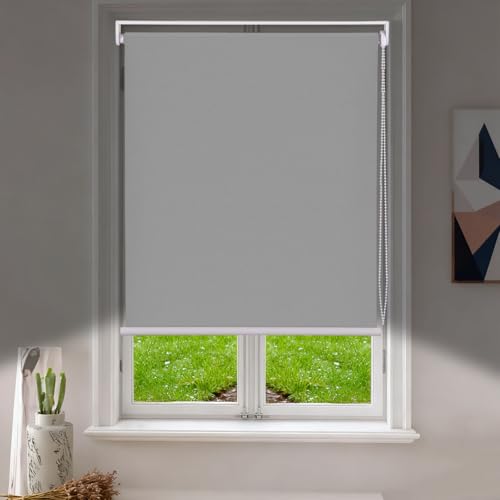 Roller Blinds No Drilling Blackout Stick on Self Adhesive Easy Fit No Drill Roller Blind for Bedroom Kitchen Bathroom Windows Doors (Grey, 45W x 130H cm)