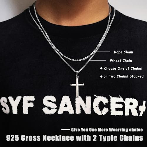 925 Sterling Silver Cross Necklace for Men Women with 3MM Stainless Steel Strong Durable Wheat Chain 18K White Gold Plated Beveled Edge Crucifix Pendant Necklace Jewelry Present 16-28 Inches2