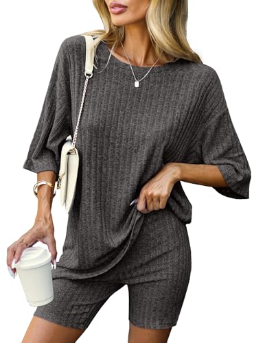 Image of Ekouaer Pajamas 2 Piece Lounge Sets Ribbed Knit Matching Outfits T-shirt Biker Shorts Sleepwear Loungewear Sweatsuits