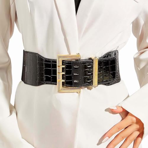Women Elastic Wide Belt Square Gold Buckle Belts for Dresses Stretchy Ladies Waist Belt