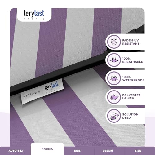 Image of Midtown Umbrellas 10-Year-No-Fade - 8 Ft - UV Proof Purple /White Stripes Fabric - Umbrella Outdoor Patio, Auto-Tilt Aluminum Frame Patio Umbrella for Garden, Pool & Deck - Black Pole