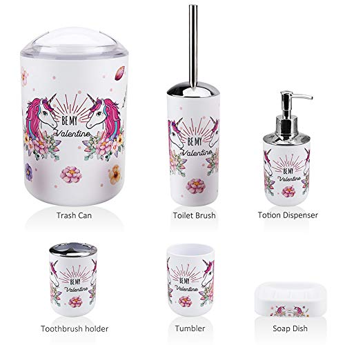 6 Pcs Bathroom Accessories Set, Modern Design Plastic Bath Set Lotion Bottles, Toothbrush Holder, Tooth Mug, Soap Dish, Toilet Brush, Trash Can(Unicorn)