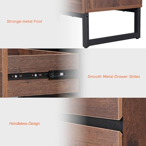 WAMPAT 2 Pack Nightstand with 2 Drawers for Bedroom, Modern Bedside Table with Black Square Iron Leg, Wood Rustic Side End Table for Living Room,Brwon