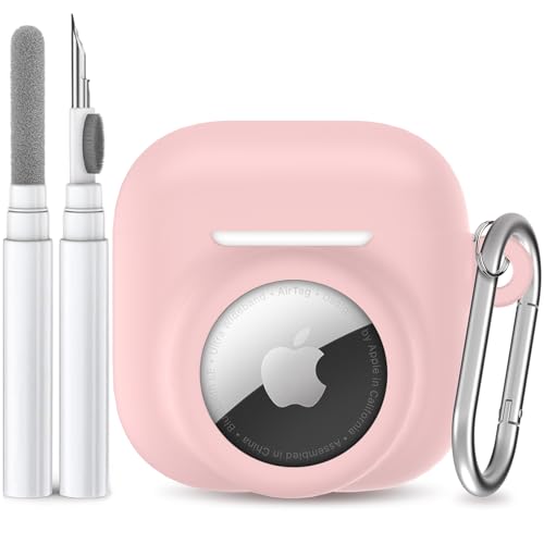 LDSXAY 2 in 1 Silicone Case Compatible with AirPod 4 and AirTag 2/1 Shockproof Protective Skin Cover for AirPods 4th Generation with Cleaner Kit & Carabiner (Pink)