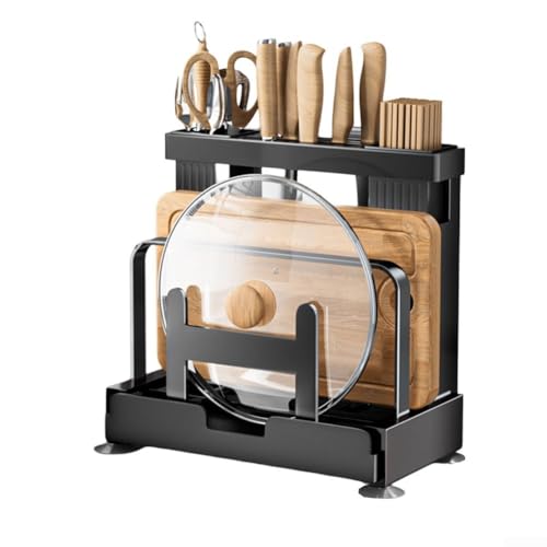 DAZZLEEX Étagère de rangement de comptoir de cuisine avec tapis antidérapant, support de couverts et baguettes, plateau de vidange amovible, organiseur résistant à la rouille pour planche à découper
