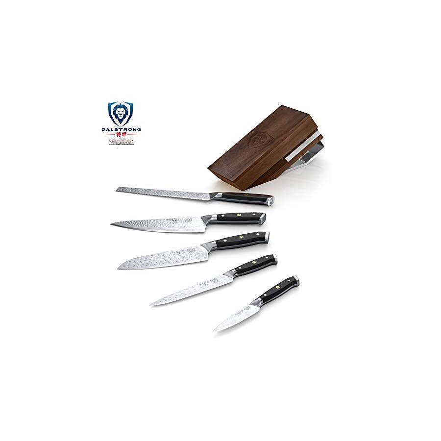 DALSTRONG-Knife-Block-Set-5-Piece-Shogun-Series-ELITE-AUS-10V-High-Carbon-Japanese-Super-Steel-Black-G10-Handles-Acacia-Wood-Stand-Kitchen-Knife-Set-Cutlery-Set-NSF-Certified DALSTRONG Knife Block Set - 5 Piece - Shogun Series ELITE - AUS-10V High-Carbon Japanese Steel - Black G10 Handles - Acacia Wood - Damascus - Kitchen Knife Set with Block - Professional Cutlery Set