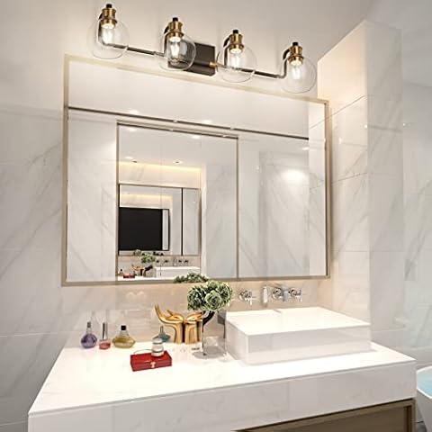 Tipace Industrial Bathroom Vanity Lighting Fixtures 4-Lights Vintage Black & Gold Finish with Globe Clear Glass Vanity Lights Farmhouse Bath Lighting(Exclude Bulb) Cover