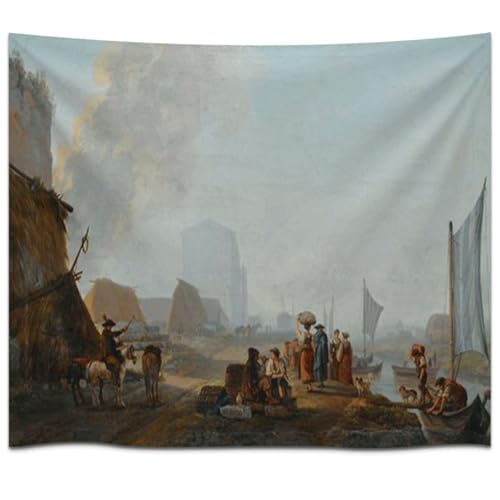 Vintage Riverside Village Scene Tapestries Rustic Boho Wall Art Tapestry