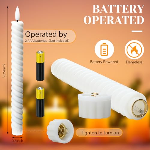 Image of Tuanse 24 Pcs 10 Inch Flameless Twisted Taper Candles LED Flickering Battery Operated Candles Electric Warm Light Candlesticks for Wedding Birthday Party Home Dinner Decor(White)