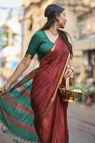 Image of Women's Cotton Woven Soft Sarees With Attach Blouse Piece.