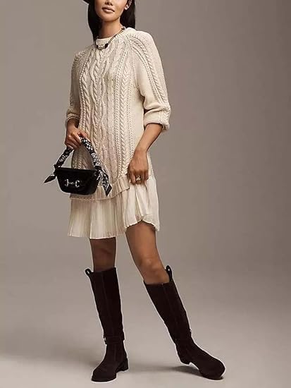 Conciseous Women Crewneck Cable Knit Sweater Mini Dress Substantian Cable Knit Sweater Dress Autumn and Winter Warmth2