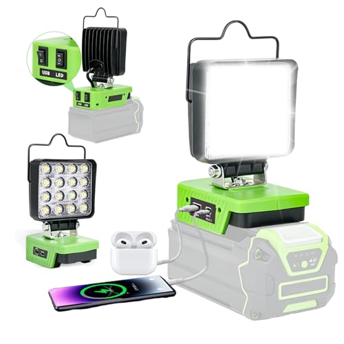 GZYZ Lámpara LED con batería compatible con batería Greenworks 40 V, 48 W 4200 lm, lámpara de trabajo inalámbrica, portátil, foco LED para obras, lámpara con USB y tipo C para camping, garajes (sin