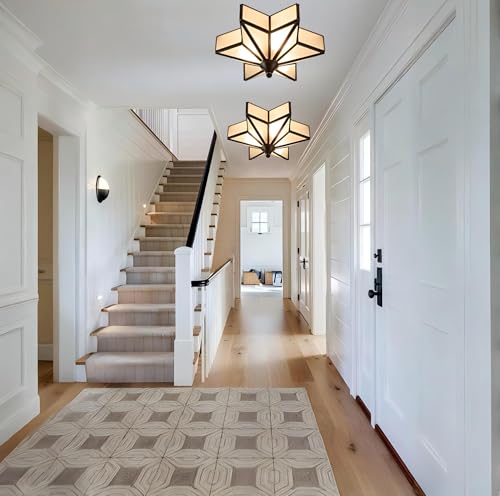 Image of LIGHTLAND 11.8 Inch Flush Mount Star Ceiling Light, 3 Lights Brass Ceiling Lamp with Glass Lampshade, Art Deco Close to Ceiling Light Fixtures for Entryway Hallway Porch, Black