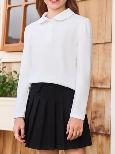 Haloumoning Girls Long Sleeve Polo Shirts Kids Peter Pan Collar School Uniform Shirts Cute Tops 5-14Y2