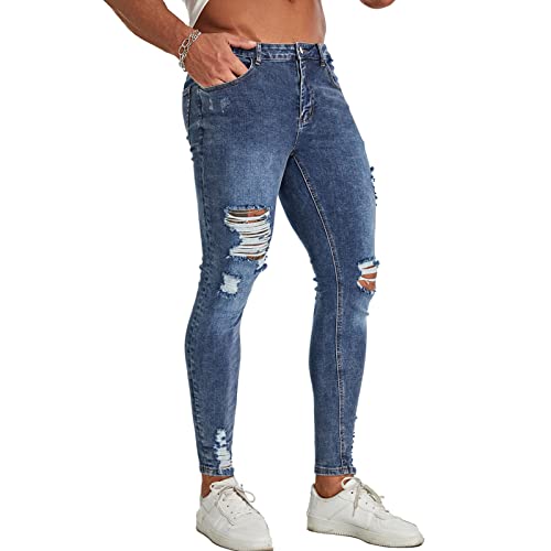 FIILIMER Mens Stretch Ripped Skinny Jeans Slim Leg Rotos Vaqueros Pantalones para Hombres Fashion Biker Cotton Denim Jeans Blue Size 32