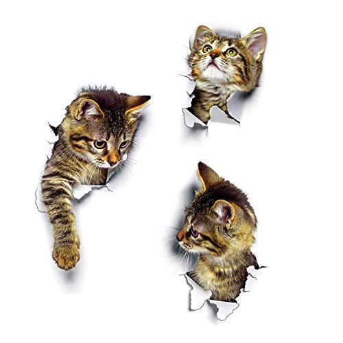 3Pcs 3D Cats Wall Stickers Self Adhesive, Kids Wall Decals/Removable Vinyl Art Murals for Living Room Baby Rooms Bedroom Toilet House DIY Decoration