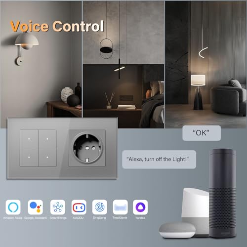 BSEED Steckdose mit Lichtschalter Unterputz 4 Fach 1 Weg WIFI Smart Lichtschalter (Neutralleiter Erforderlich), Compatibel mit Alexa/Google Home，157mm，Grau