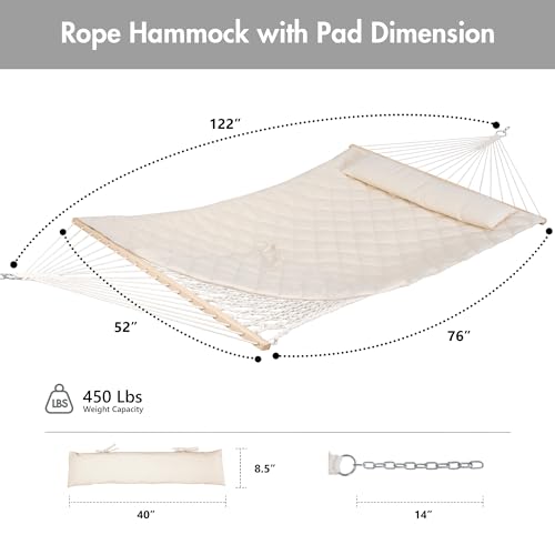 Image of ANOW Outdoor Rope Hammock with Spreader Bars, Hammock Pad and Pillow, Cream