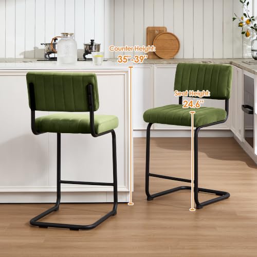 Image of ONEVOG 24 Inch Green Counter Bar Stools Set of 4, Mid-Century Modern Counter Height Cantilever Chairs for Kitchen Island, Upholstered Velvet Fabric Barstools with Back and Metal Leg, Olive Green
