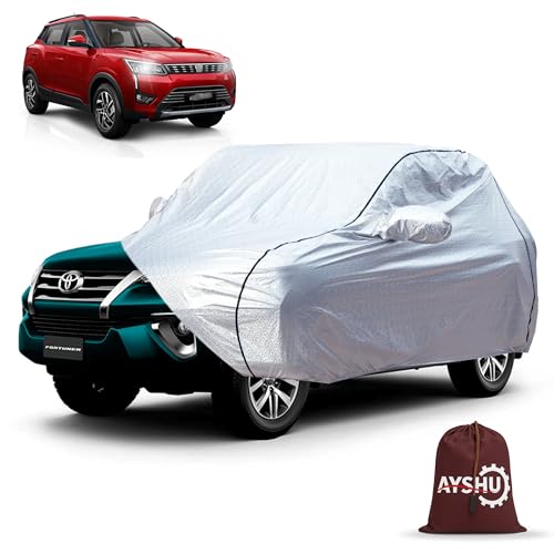 Image of AYSHU Waterproof Car Cover Compatible with Mahindra XUV 300 | Mirror & Antenna Pocket | Anti-Scratch Soft Cotton Inner Layer | Triple Stitched | Heat Resistant Metallic Silver | All-Weather Protection