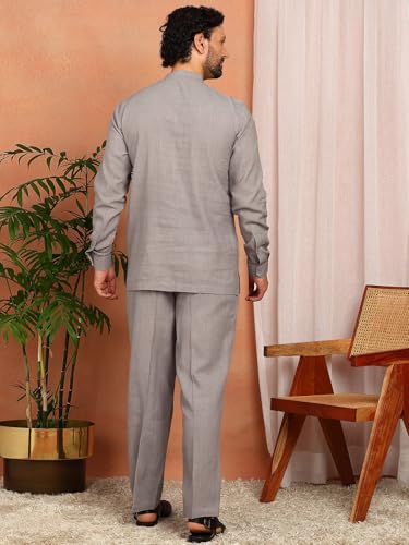 Image of See Designs Men's Full Sleeve Mandarin Collar Linen Solid Pathani Set
