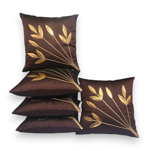 Image of Golden Floral Cushion Covers, 16x16 Inch, Set of 5 (Brown-with-Filler)