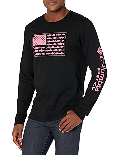 Columbia Apparel Men's Long Sleeve tee Shirt Outdoors Fishing Camping Hiking, Black with Sorbet, Large
