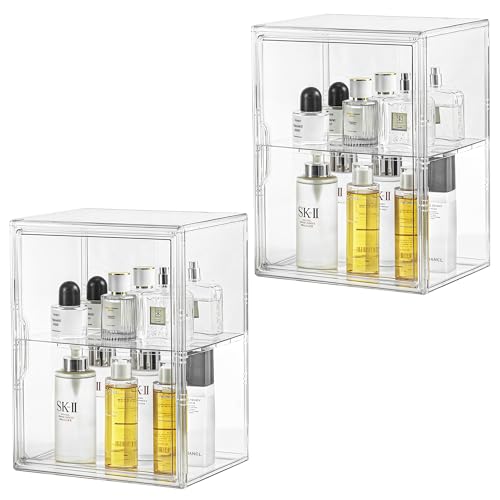 Acrylic Makeup Organizer,Stackable Storage Bins with Adjustable Divider for Vanity, Bathroom Organizers and Storage with Magnetic Door,Plastic Vanity Organizer for Pantry, Desk, Kitchen 2 Pack