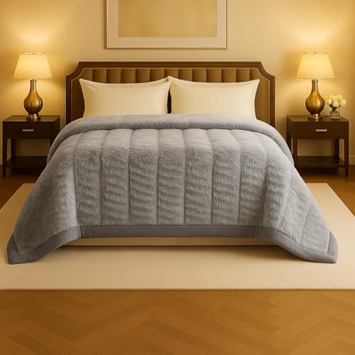 Image of Signature 3-Ply Faux Rabbit Fur Blanket King Size | Ultra Soft Heavy Weight Quilt-Feel Blanket | 6kg Luxury Winter Comforter for Bed Ideal for Heavy Winters (Silver Mist)