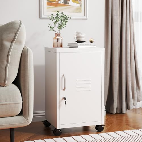 Image of pozdeg 24.4 inch H Metal Storage Locker with Wheels, Single Door Lockable Steel File Cabinet with Adjustable Shelf, Anti-Theft Locker for Home, Office, School, Gym Organizer, White