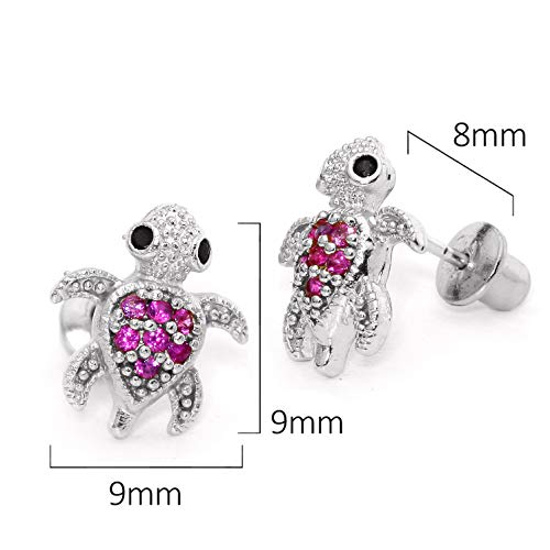 925 Sterling Silver Rhodium Plated Red Turtle Cubic Zirconia Screwback Baby Girls Earrings2