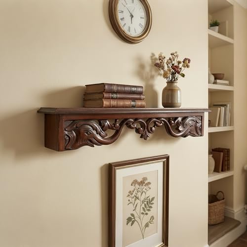 Image of WOODSOME Handcrafted Wooden Wall Bracket Shelf | Decorative Solid Wood Wall Mount Shelf for Living Room, Bedroom, Mandir & Office | Vintage Carved Design | 24 x 5 x 4.5 Inches
