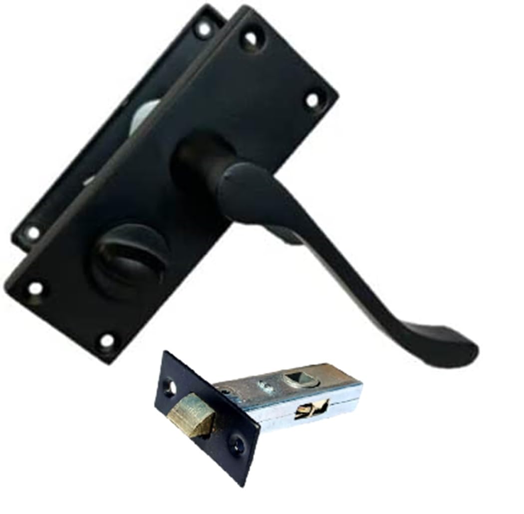 Epsom Door Handle Matt Black Scroll Door Handle Set - Victorian Style Internal and External Lever Door Handles with Backplate (Privacy Bathroom + Tubular Latch)