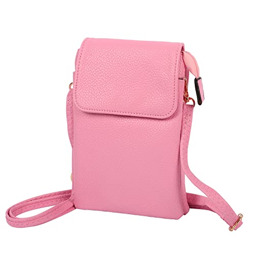 Lädertelefonväska för kvinnor, liten messengerväska, handväska, axelväska för kvinnor, tre nivåer med dragkedja telefonväska, resväska med lång plånbok, klämma, rosa