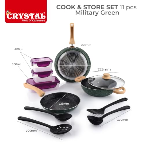 Image of Crystal Aluminum 11 Pcs Non Stick Cookware Set with Induction Bottom | Tawa, Fry Pan, Kadhai with Lid, 4 Serving Spoons, 3 Containers | 4 Layer Non Stick Coating | PFOA Free | Green