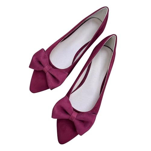 ChaiRong Zhou Women Lightweight Bow Suede Flats Pointed Toe Slip on Low Heel Ballet Casual Dress Shoes